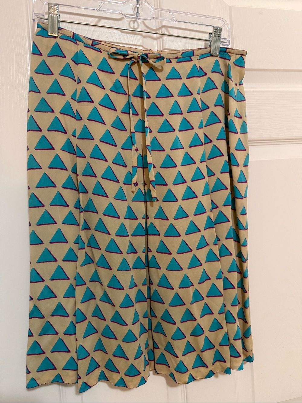 Vintage Rena Lange Cream Skirt with Turquoise and Purple Geometric Print